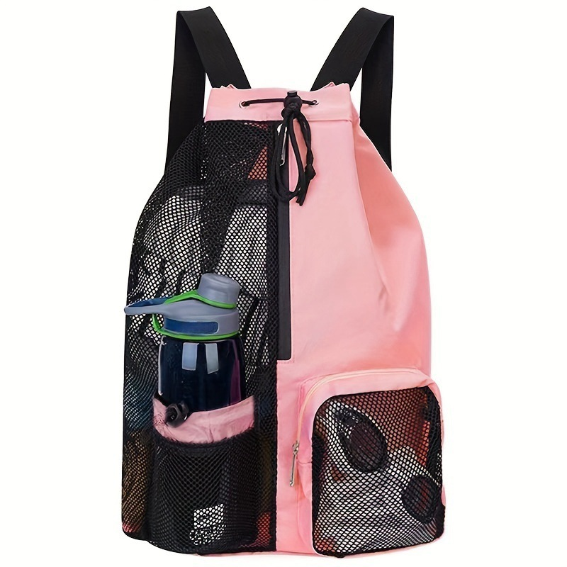 Mesh Drawstring Swim Backpack, Separate Waterproof Wet Pocket, Breathable Beach Gym Sack with Bottle Holder, Adjustable Straps for Swimming Cycling Yoga Travel, Large Space for Helmet Multiple Colors Available(Pink)
