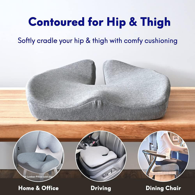Pressure Relief Seat Cushion for Long Sitting Hours on Office/Home Chair, Car, Wheelchair - Extra-Dense Memory Foam for Hip Light gray
