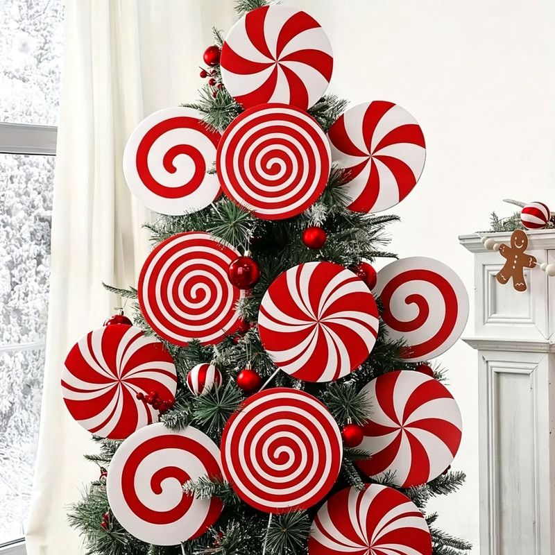 12Pcs Christmas Peppermint Lollipop Yard Stakes, Red White Candy Shape Waterproof Corrugated Plastic Tree Picks, Xmas Candy Cane Ornaments for Christmas Tree, Holiday Party Outdoor Decorations