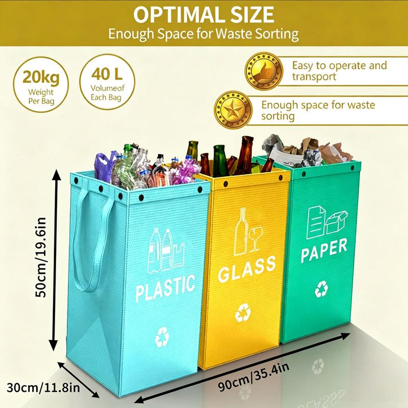 Foldable Waterproof Waste Sorting Bags, Reusable Laminated Recycling Storage Tote with Handle, 40L Large Capacity Garbage Organizer(Brown + elegant gray)