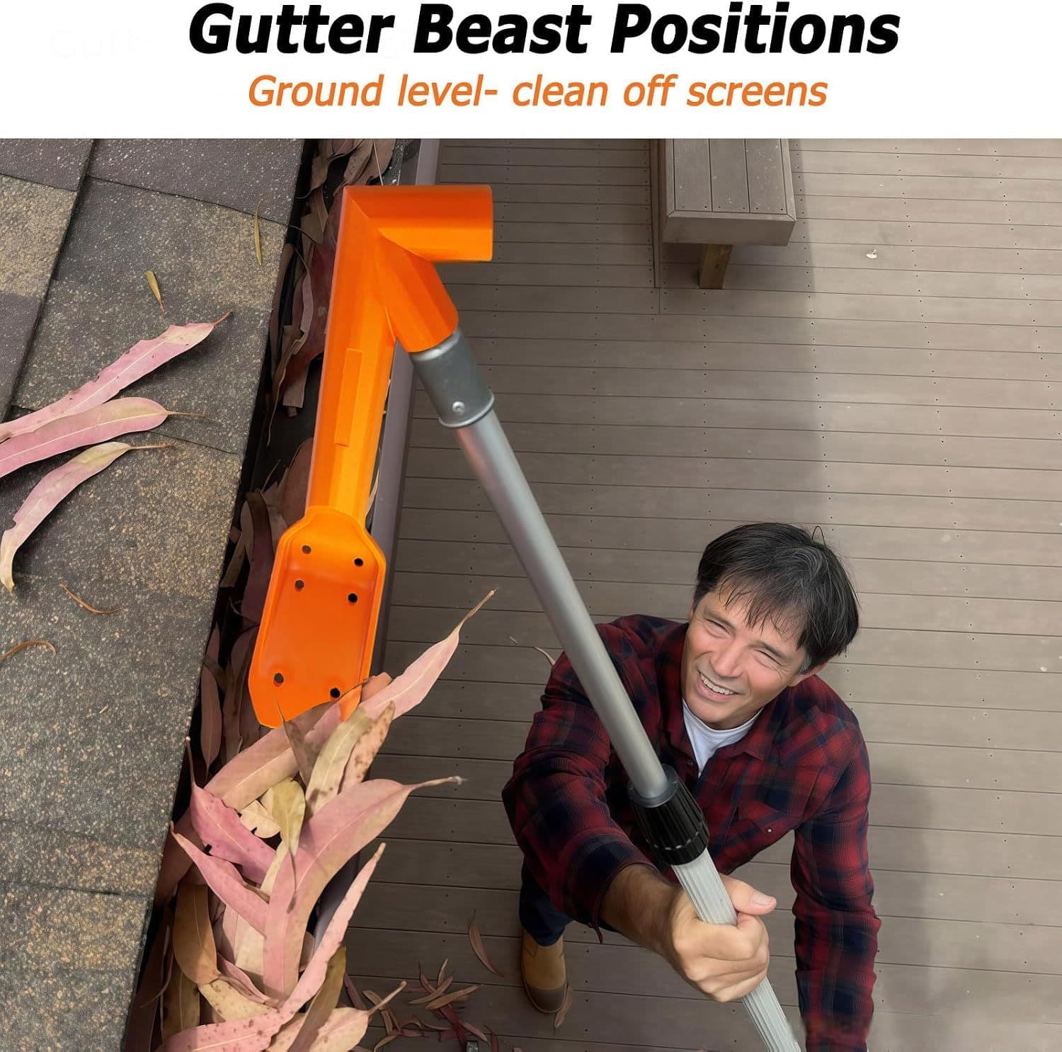 Multi-angle gutter cleaning tool, threaded gutter cleaning tool, removes gutter guards from the ground, ideal for removing leaves from rooftops.
