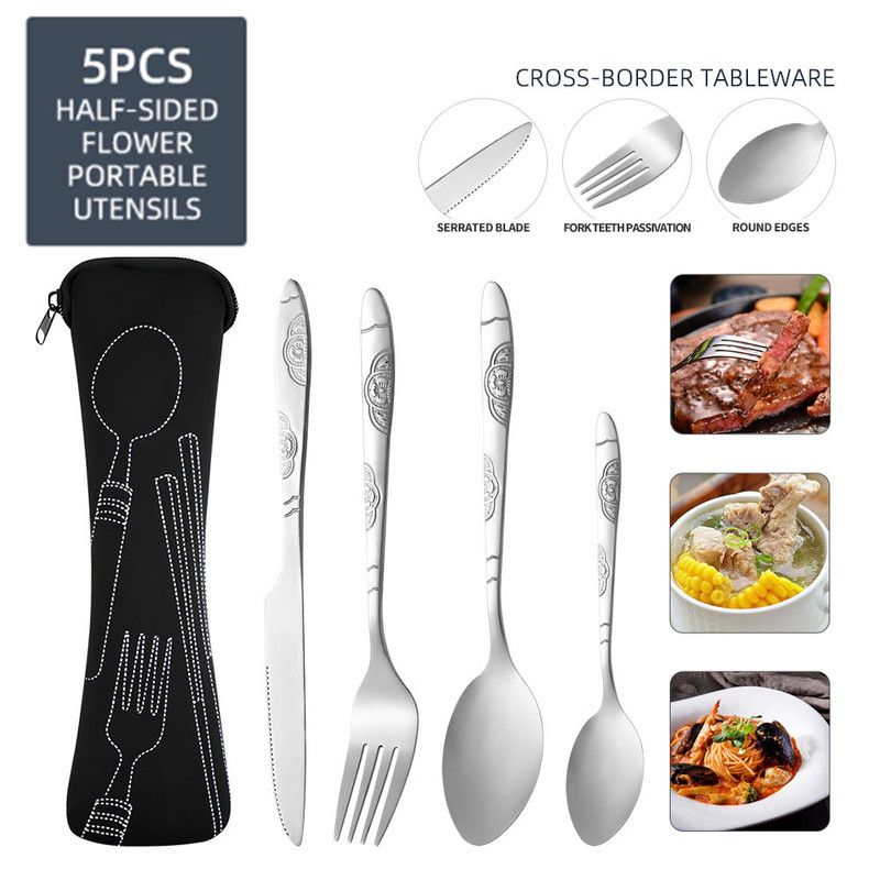 Stainless Steel Portable Cutlery Set, 5‑Pcs Steak Knife Fork Spoon Teaspoon with Storage Pouch, Floral Embossed Outdoor Travel Camping Reusable Flatware Set