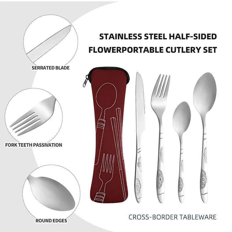 Stainless Steel Portable Cutlery Set, 5‑Pcs Steak Knife Fork Spoon Teaspoon with Storage Pouch, Floral Embossed Outdoor Travel Camping Reusable Flatware Set