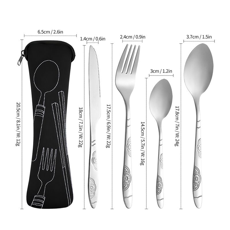 Stainless Steel Portable Cutlery Set, 5‑Pcs Steak Knife Fork Spoon Teaspoon with Storage Pouch, Floral Embossed Outdoor Travel Camping Reusable Flatware Set