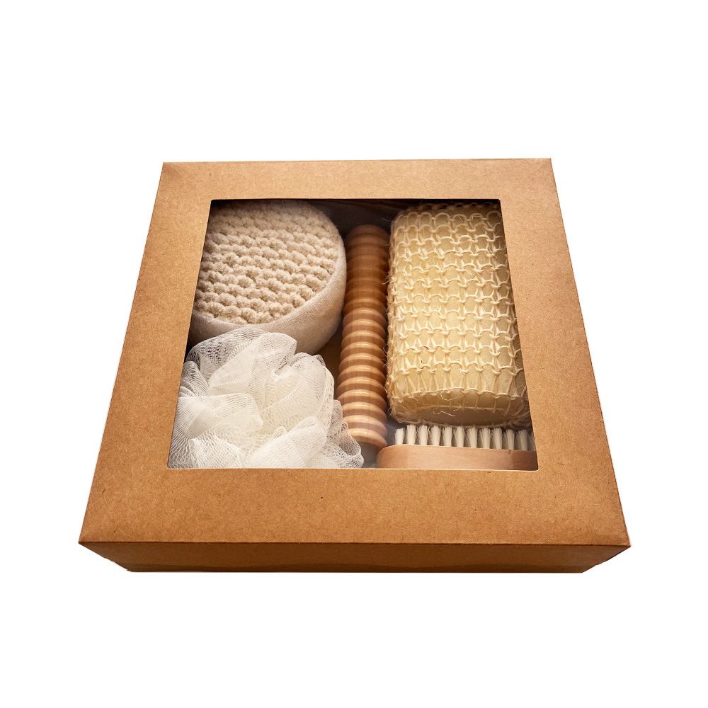6‑Piece Natural Spa Bath Gift Set, Exfoliating Body Scrub Kit with Loofah, Bath Sponge, Foot File & Wooden Massage Roller for Home Self‑Care