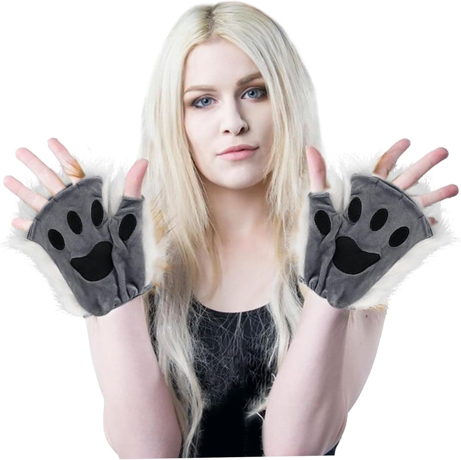 Black Grey Half Finger Cat Paw Therian Gloves for Adults Kids Cosplay, Embroidered Realistic Faux Fur Paws with Soft Texture, Perfect for Stage and Theme Parties