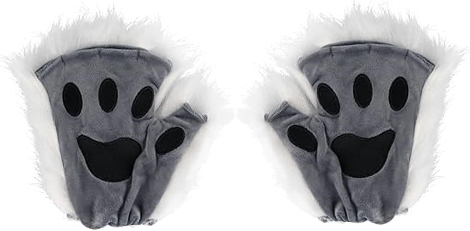 Black Grey Half Finger Cat Paw Therian Gloves for Adults Kids Cosplay, Embroidered Realistic Faux Fur Paws with Soft Texture, Perfect for Stage and Theme Parties