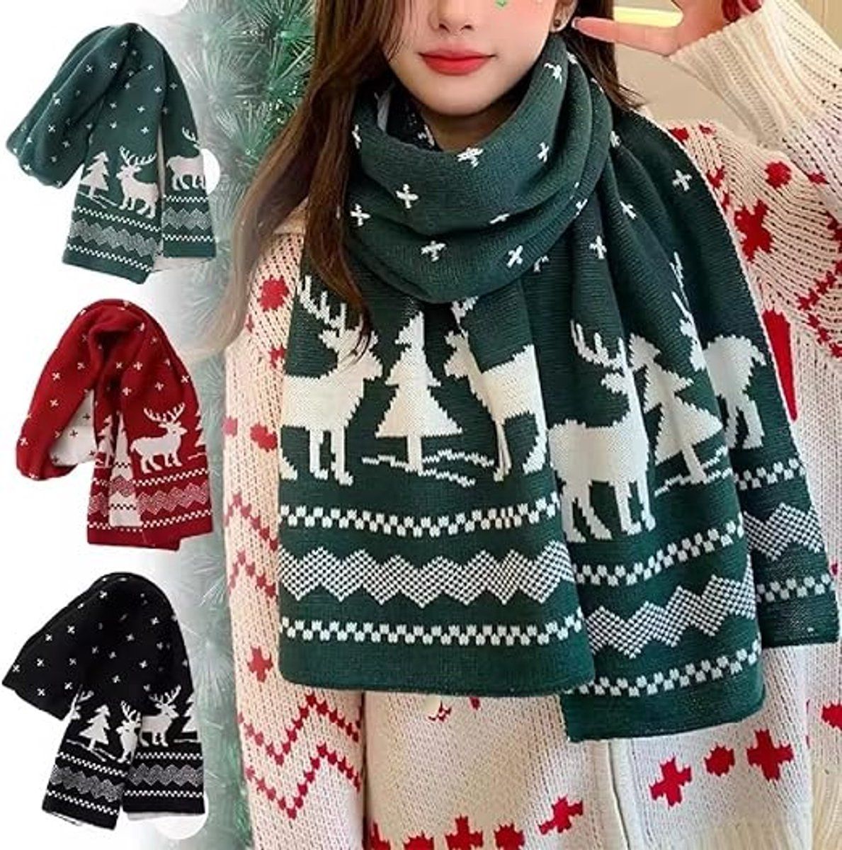 Warm Winter Scarf, Christmas Gift Neck Scarf, Double-sided Knit Scarf, Christmas Tree Moose, Perfect for Christmas and Winter Holidays ( Vegetable )