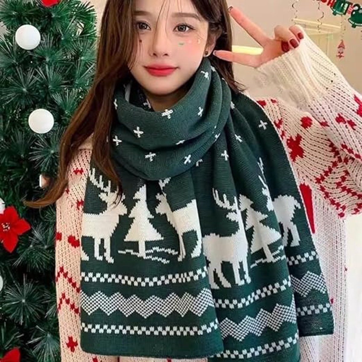 Warm Winter Scarf, Christmas Gift Neck Scarf, Double-sided Knit Scarf, Christmas Tree Moose, Perfect for Christmas and Winter Holidays ( Vegetable )