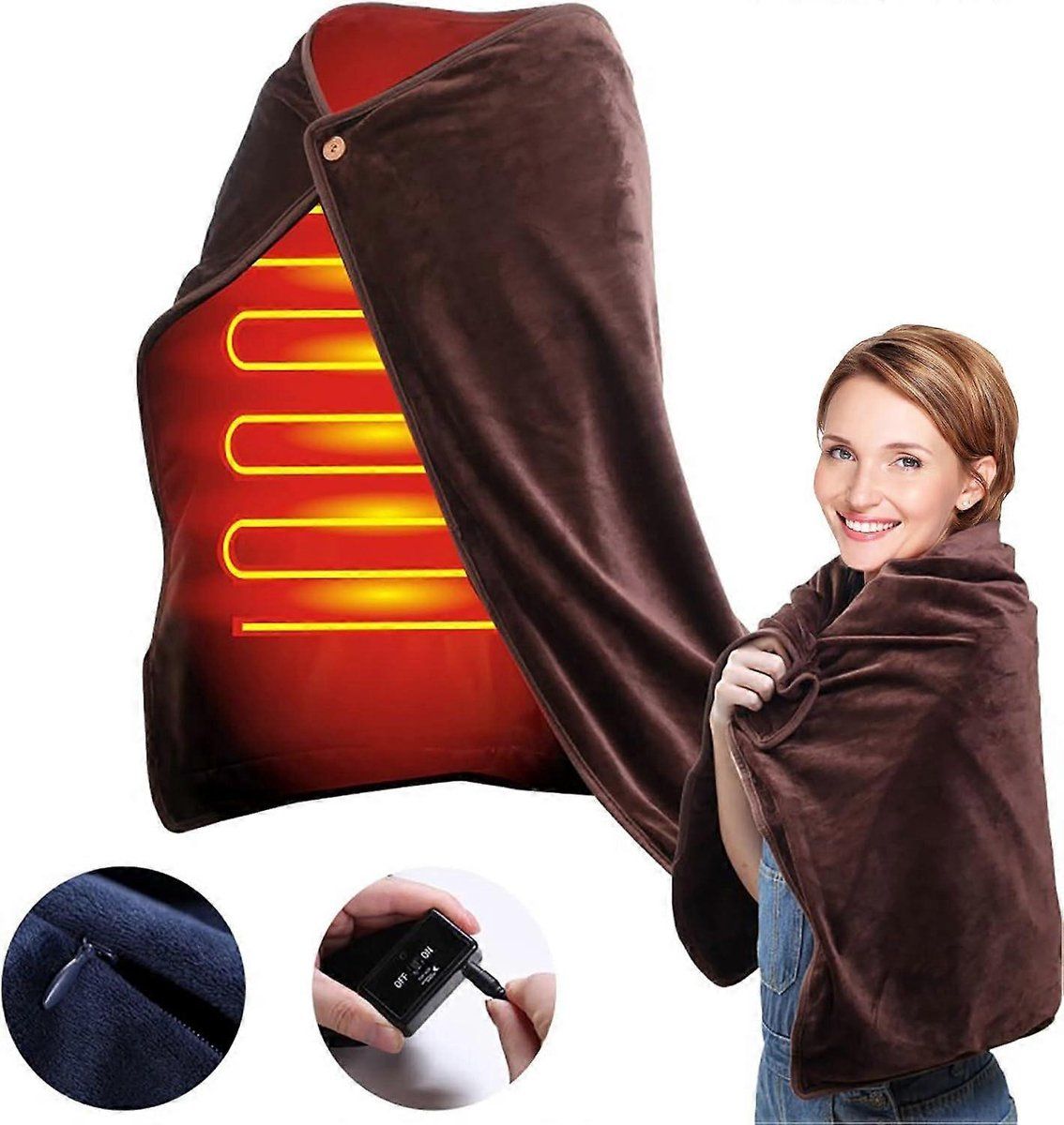 Heating Pad, Electric Top Blanket, Rechargeable Heated Blanket, Battery Operated Heated Blanket, Single Wrap, 100 x 70 cm, USB, Brown