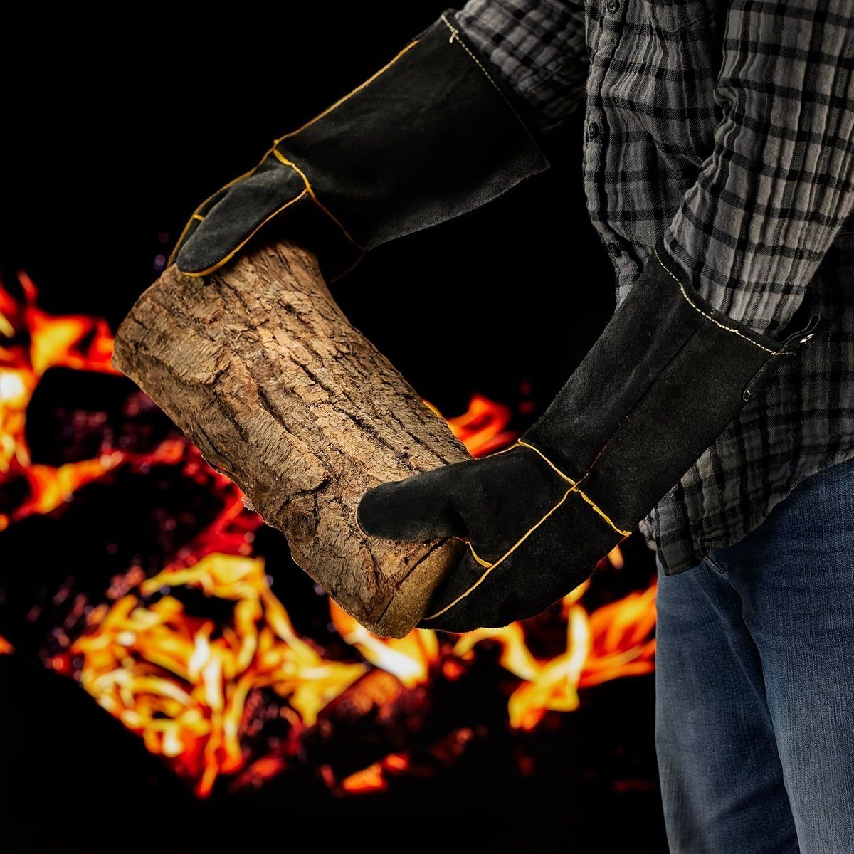 BBQ Gloves, Cowhide Leather, Heat Resistant up to 260°C, Barbecue Gloves, non slip Grip and Reinforced Palm, For Fireplace, Hearth and Grill