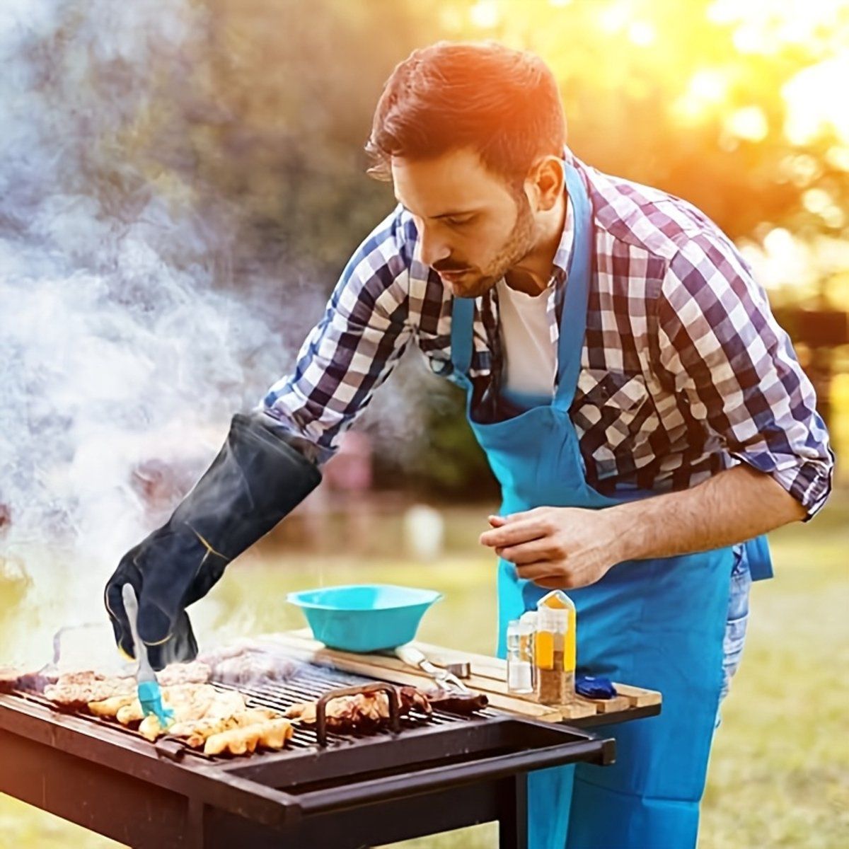 BBQ Gloves, Cowhide Leather, Heat Resistant up to 260°C, Barbecue Gloves, non slip Grip and Reinforced Palm, For Fireplace, Hearth and Grill