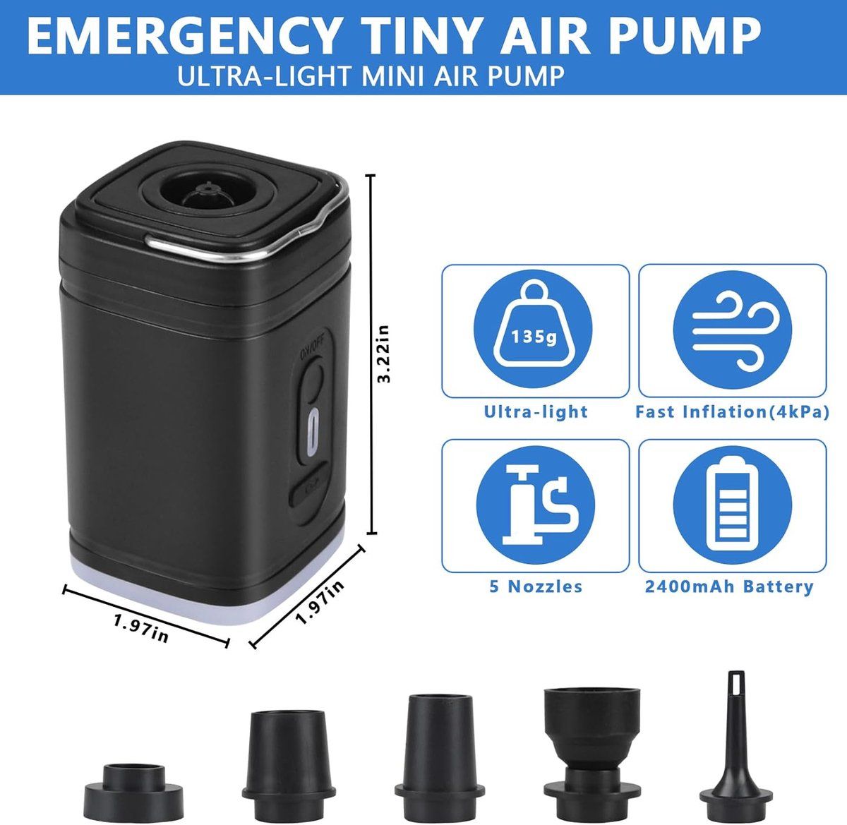 Electric Air Pump, Rechargeable Electric Pump, Ultralight Portable Air Pump, Floating Air Mattress, Outdoor Camping Air Pump, Black