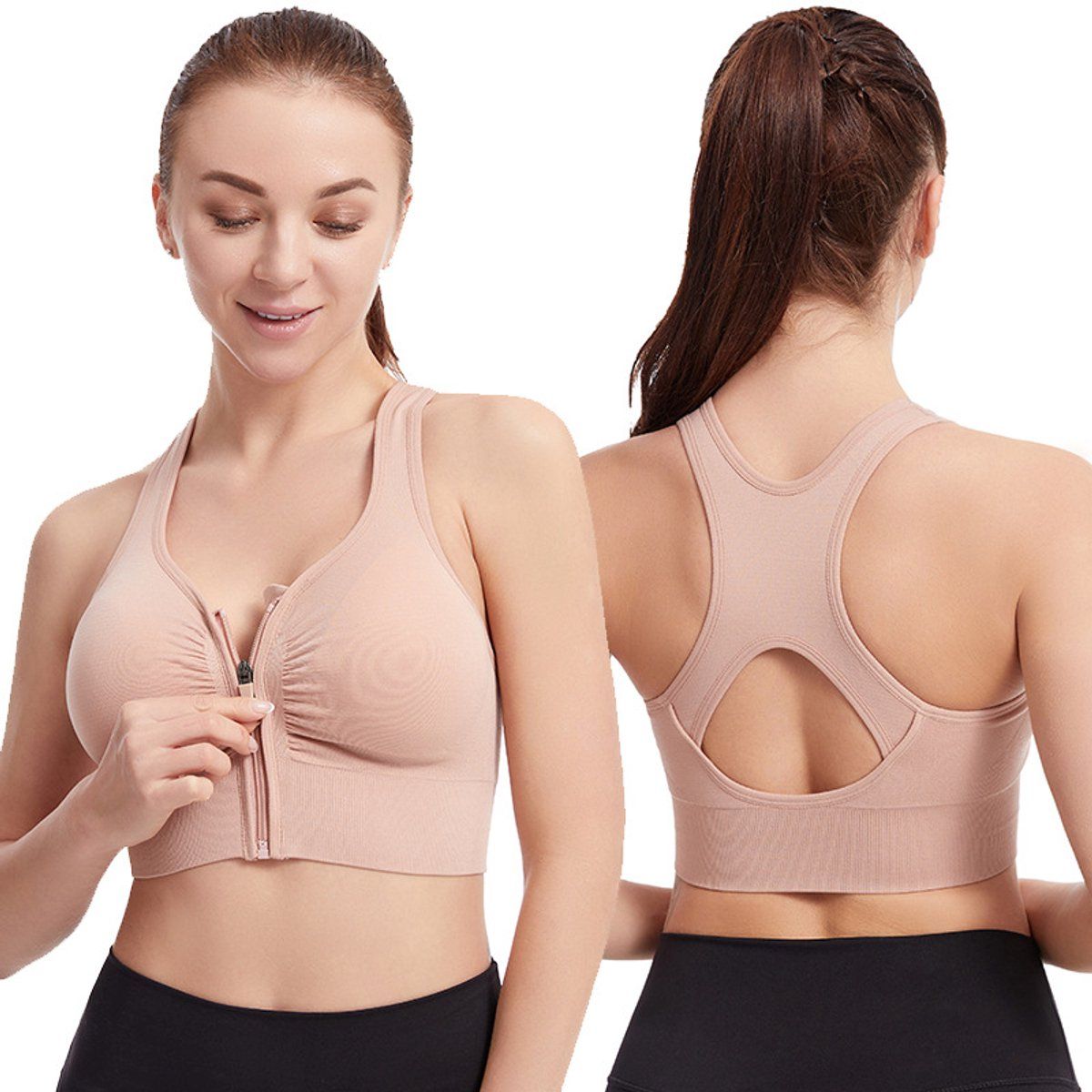 Women's Sports Bra with Front Zipper, High Impact Sports Bra with Zipper, Push, up and Breathable, for Running, Yoga and Fitness, Pink