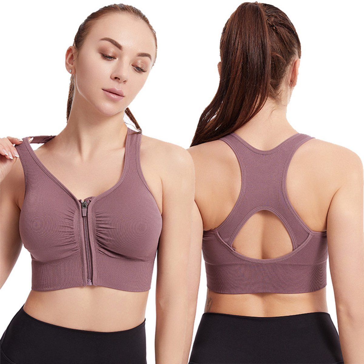 Women's Sports Bra with Front Zipper, High Impact Sports Bra with Zipper, Push, up and Breathable, for Running, Yoga and Fitness, Pink