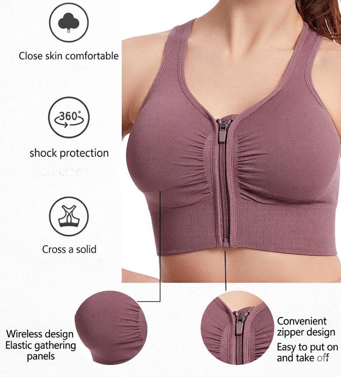 Women's Sports Bra with Front Zipper, High Impact Sports Bra with Zipper, Push, up and Breathable, for Running, Yoga and Fitness, Pink