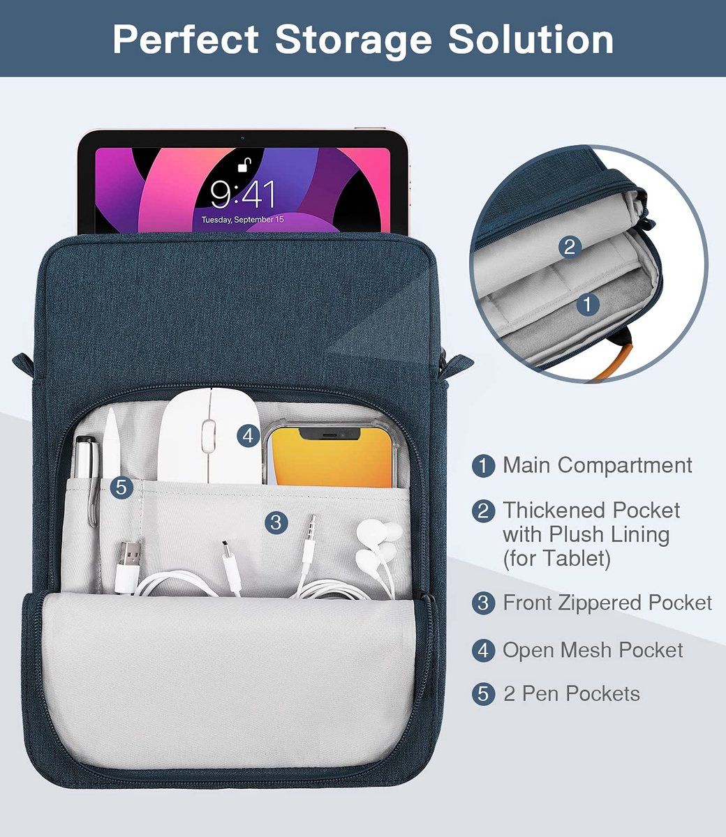 Water-Repellent Laptop Sleeve with Extra Compartments, Protective Carry Case for Work, School and Travel, Blue, 33.8 cm