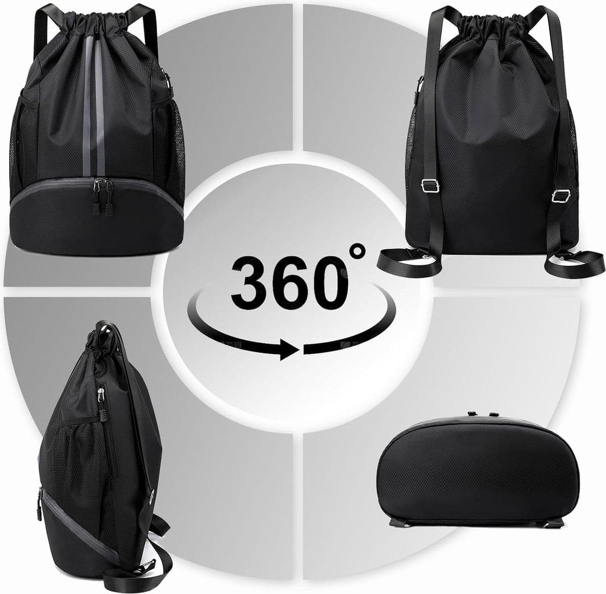 Sports Drawstring Backpack Waterproof with Wet Dry Divider Shoe Compartment Moisture Proof Pocket Blue