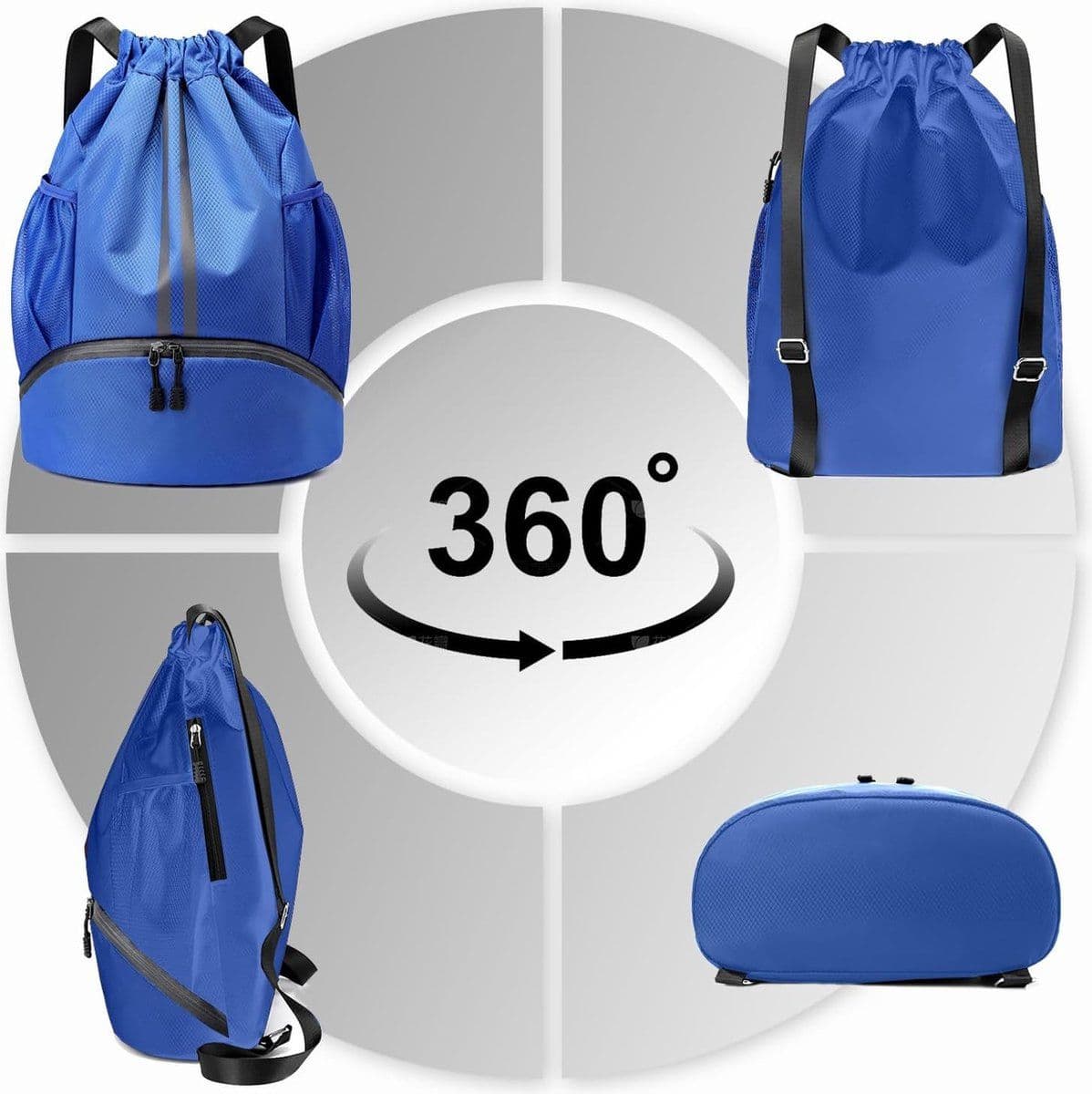 Sports Drawstring Backpack Waterproof with Wet Dry Divider Shoe Compartment Moisture Proof Pocket Blue