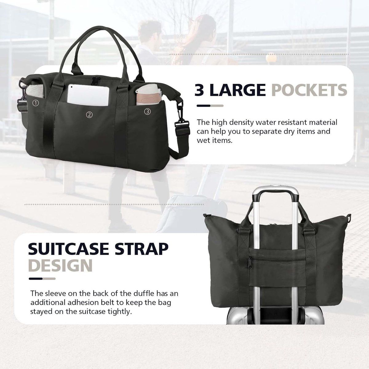 Small Sports Bag, Girl's Sports Bag, Waterproof Weekend Bag for Women, Men's Sports Bag, Overnight Bag with Shopping Bag, 55 x 18 x 27 cm