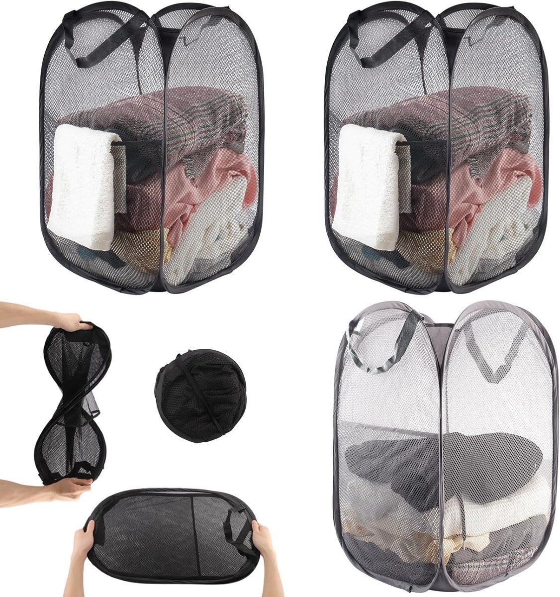 3 Pieces Pop Up Laundry Baskets, Foldable Portable Clothes Hampers for Bathroom, Bedroom, College, Camping and Travel, Black, 36 x 36 x 58 cm
