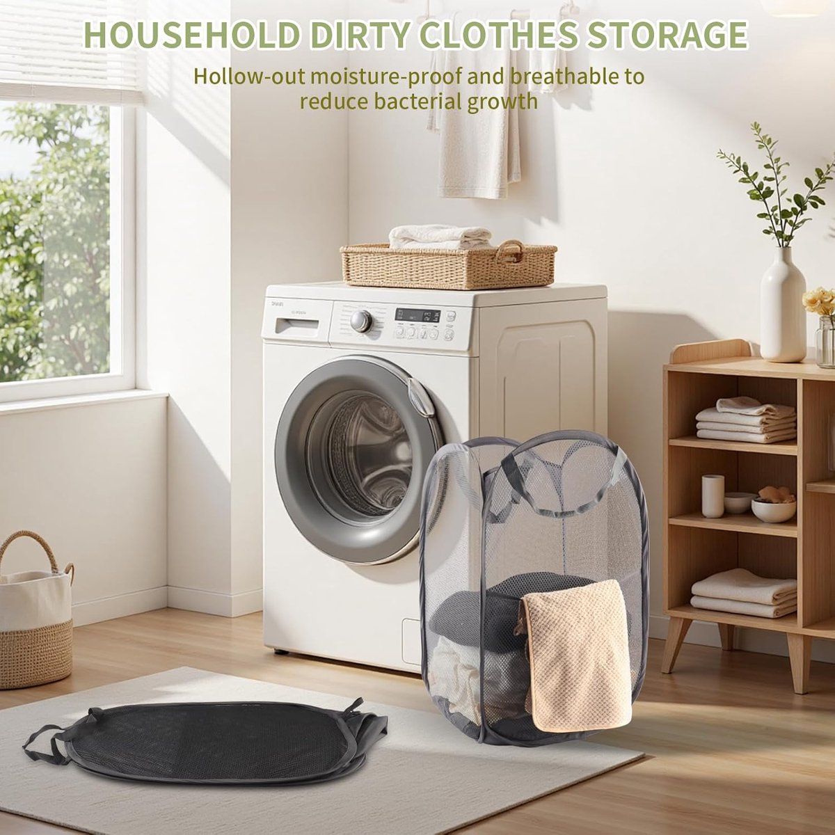 3 Pieces Pop Up Laundry Baskets, Foldable Portable Clothes Hampers for Bathroom, Bedroom, College, Camping and Travel, Black, 36 x 36 x 58 cm