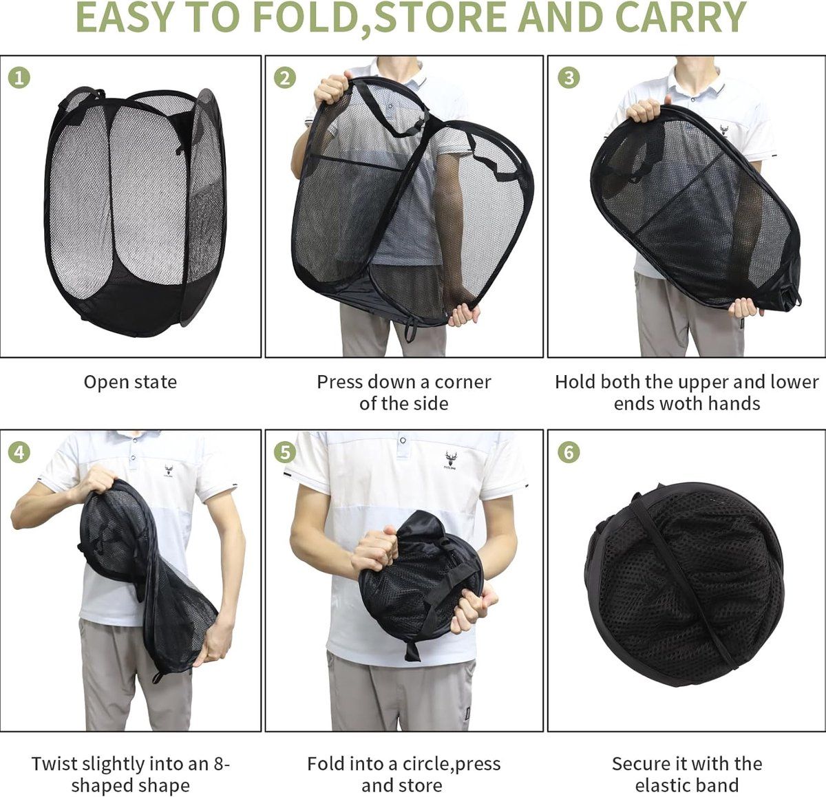 3 Pieces Pop Up Laundry Baskets, Foldable Portable Clothes Hampers for Bathroom, Bedroom, College, Camping and Travel, Black, 36 x 36 x 58 cm