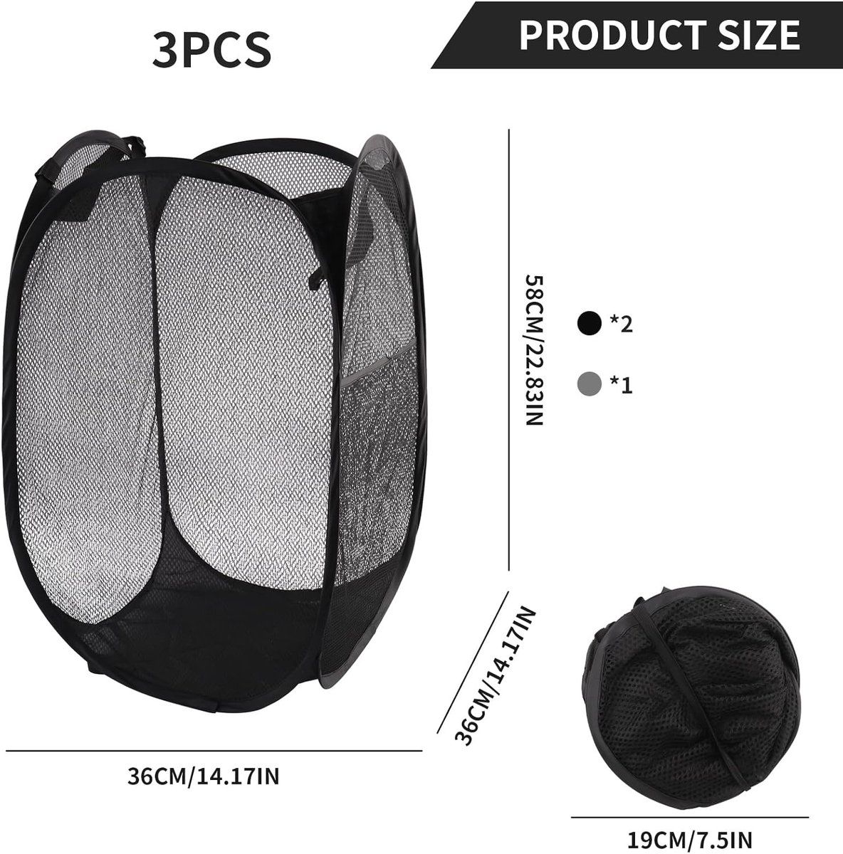3 Pieces Pop Up Laundry Baskets, Foldable Portable Clothes Hampers for Bathroom, Bedroom, College, Camping and Travel, Black, 36 x 36 x 58 cm
