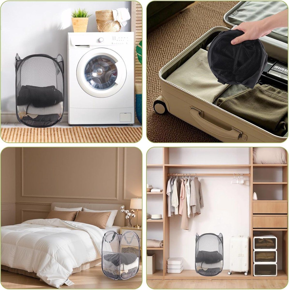 3 Pieces Pop Up Laundry Baskets, Foldable Portable Clothes Hampers for Bathroom, Bedroom, College, Camping and Travel, Black, 36 x 36 x 58 cm