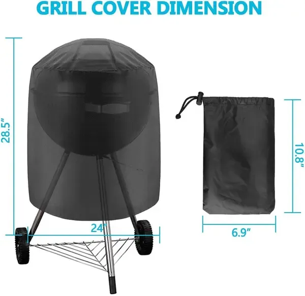1 Piece Round Grill Cover, Fade-Resistant Fabric Outdoor Protector with Straps for Charcoal and Gas Grills, Black, 61 x 72 cm