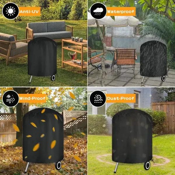 1 Piece 210D Oxford Charcoal Grill Cover, Waterproof Windproof Outdoor BBQ Protector with Drawstring, Black, 61 x 72 cm
