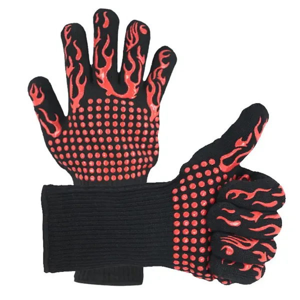 Heat Resistant Five Finger Grill Gloves with Cotton Lining and Non-Slip Grip for BBQ, Ovens and Outdoor Cooking, Black and Red