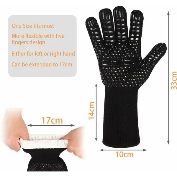 Heat Resistant Aramid BBQ Grill Gloves with Silicone Grip, Cut Resistant Design for Cooking, Baking and Outdoor Grilling, Black