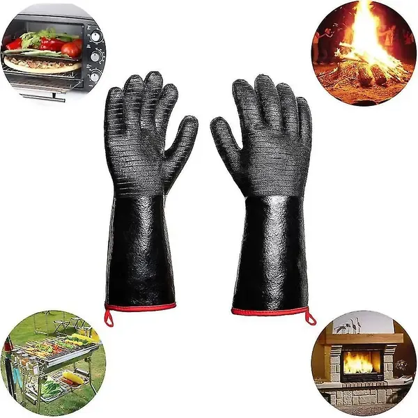 Waterproof Neoprene BBQ Grill Gloves with Long Sleeves and Non-Slip Grip for Baking, Smokers, Ovens and Fryers, Black