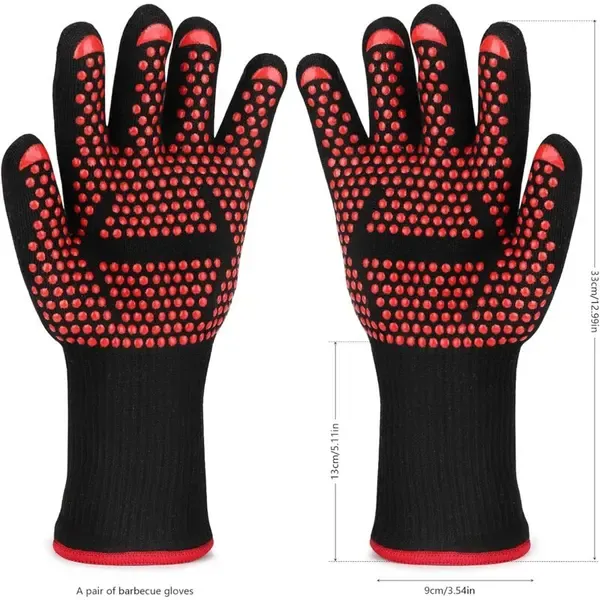 Heat Resistant Aramid Grill Gloves with Silicone Non-Slip Grip for BBQ, Ovens, Cooking and Fireplaces, Black and Red