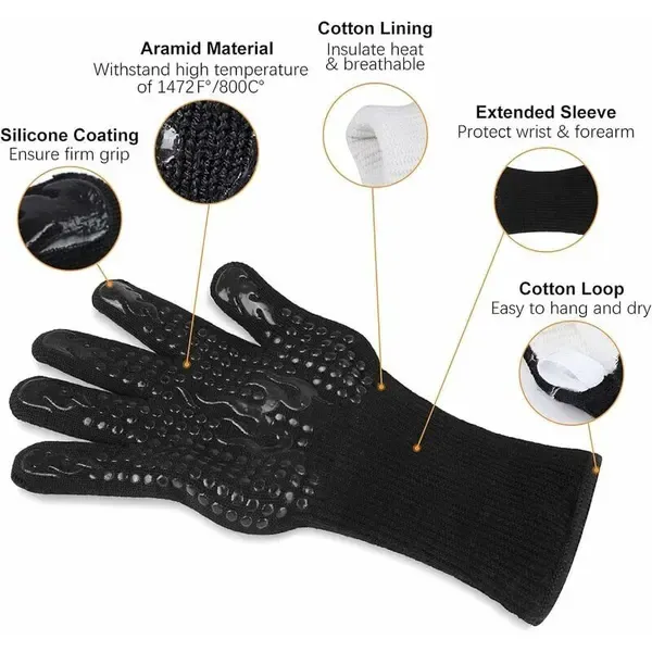 1 Pair Heat Resistant Aramid BBQ Grill Gloves with Non-Slip Grip for Ovens, Kitchens, Camping and Outdoor Cooking, Black