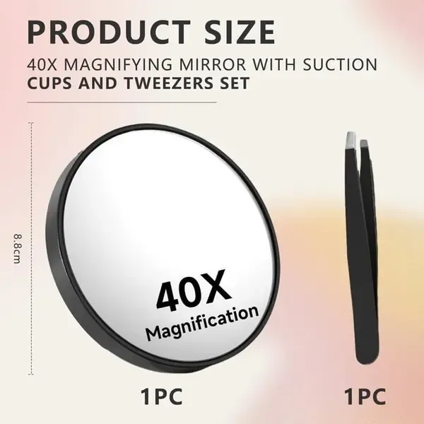 40X Magnifying Makeup Mirror with Suction Cup Mount and Precision Tweezers for Close-Up Grooming, Skincare and Travel, Black