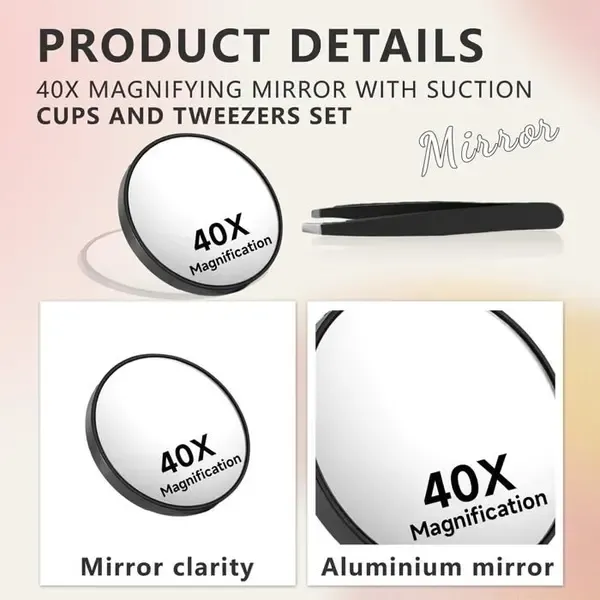 40X Magnifying Makeup Mirror with Suction Cup Mount and Precision Tweezers for Close-Up Grooming, Skincare and Travel, Black