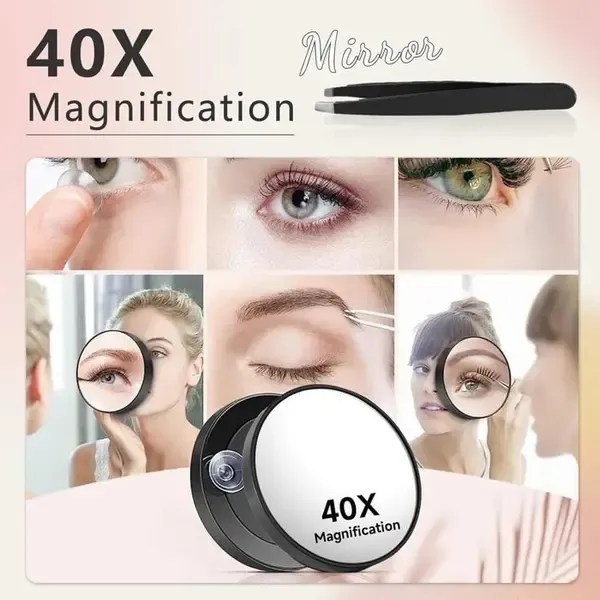 40X Magnifying Makeup Mirror with Suction Cup Mount and Precision Tweezers for Close-Up Grooming, Skincare and Travel, Black