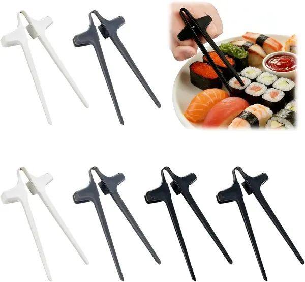6 Pack Reusable Training Chopstick Helpers with Non-Slip Plastic Finger Guides for Beginners, Children and Adults, Black and White
