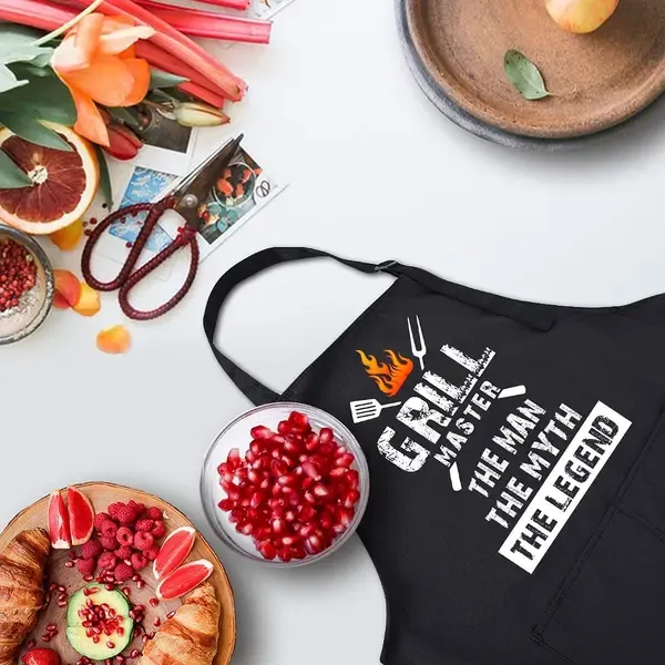 Men's Grill Master Printed Cooking Apron with Adjustable Straps, Front Pockets and Oil-Resistant Coverage for BBQs, Black