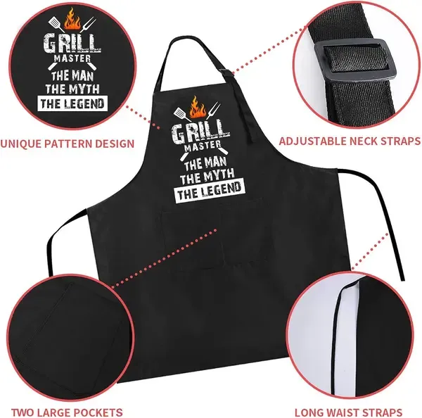 Men's Grill Master Printed Cooking Apron with Adjustable Straps, Front Pockets and Oil-Resistant Coverage for BBQs, Black