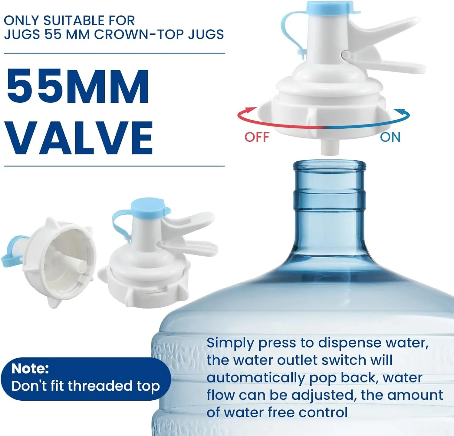 5 Gallon Water Dispenser Valve Reusable Plastic Spigot Faucet for 55mm Non Threaded Crown Top Jugs and Bottles, 2 Pack