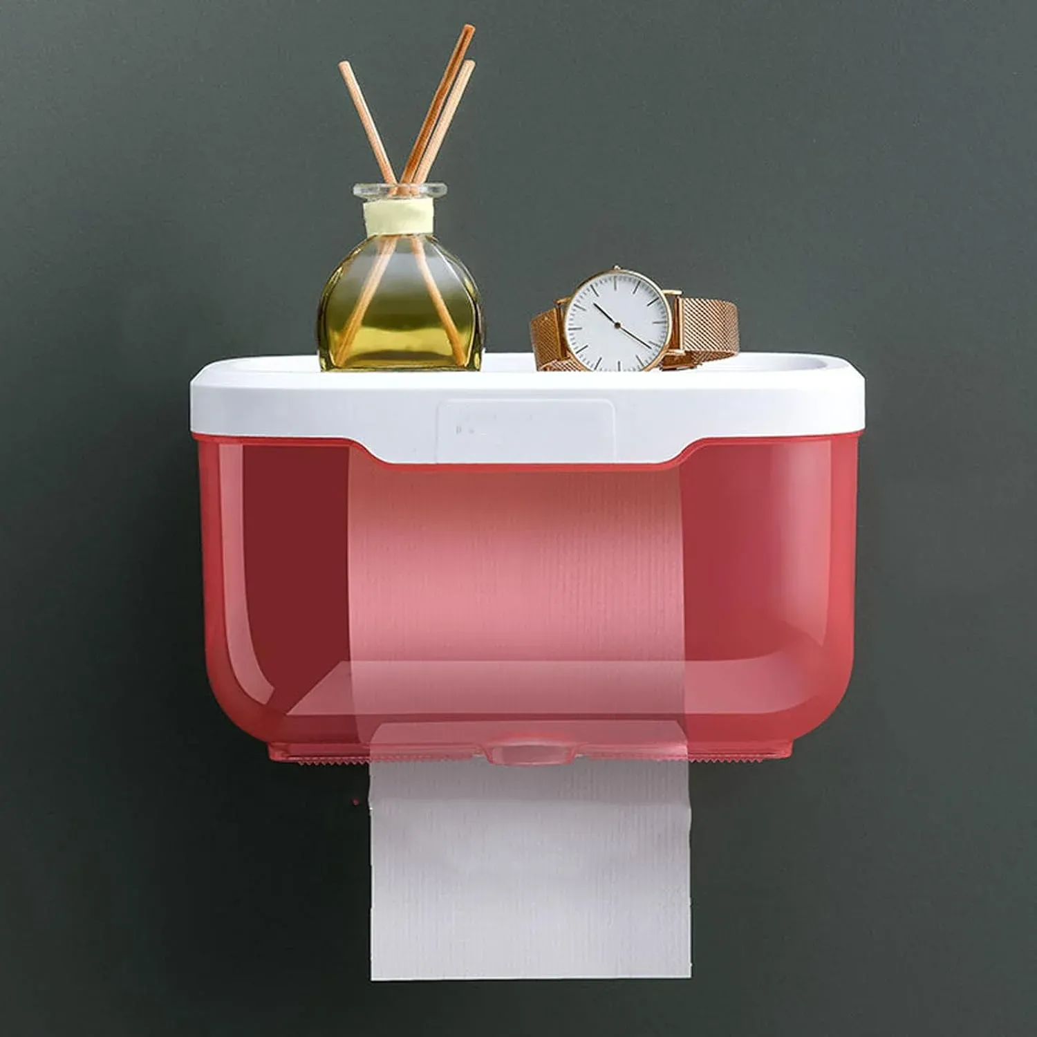 Enclosed Toilet Paper Holder with Cover, Wall Mounted Clear Plastic Roll Protector for Bathroom, Holds Phone and Wipes, Pink