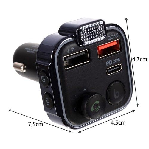 Bluetooth FM Transmitter & Charger 20w - For the car - Car charger, Aluminum + Plastic material, wireless audio upgrade