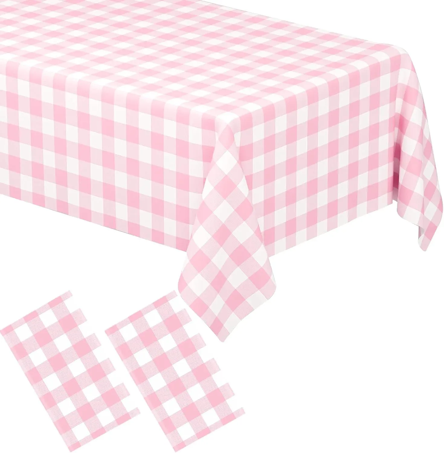 2 Pack Rectangular Plastic Tablecloth, Disposable Pink and White Gingham Checkered Table Cover for Parties, Picnics and Weddings, 54 x 108 Inch