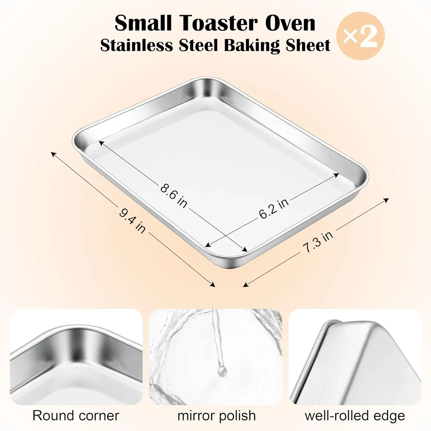 Stainless Steel Toaster Oven Trays, 2 Pack Small Non Toxic Baking Cookie Sheets for Cake Baking, Dishwasher Safe, 9.4"x7.3" Size