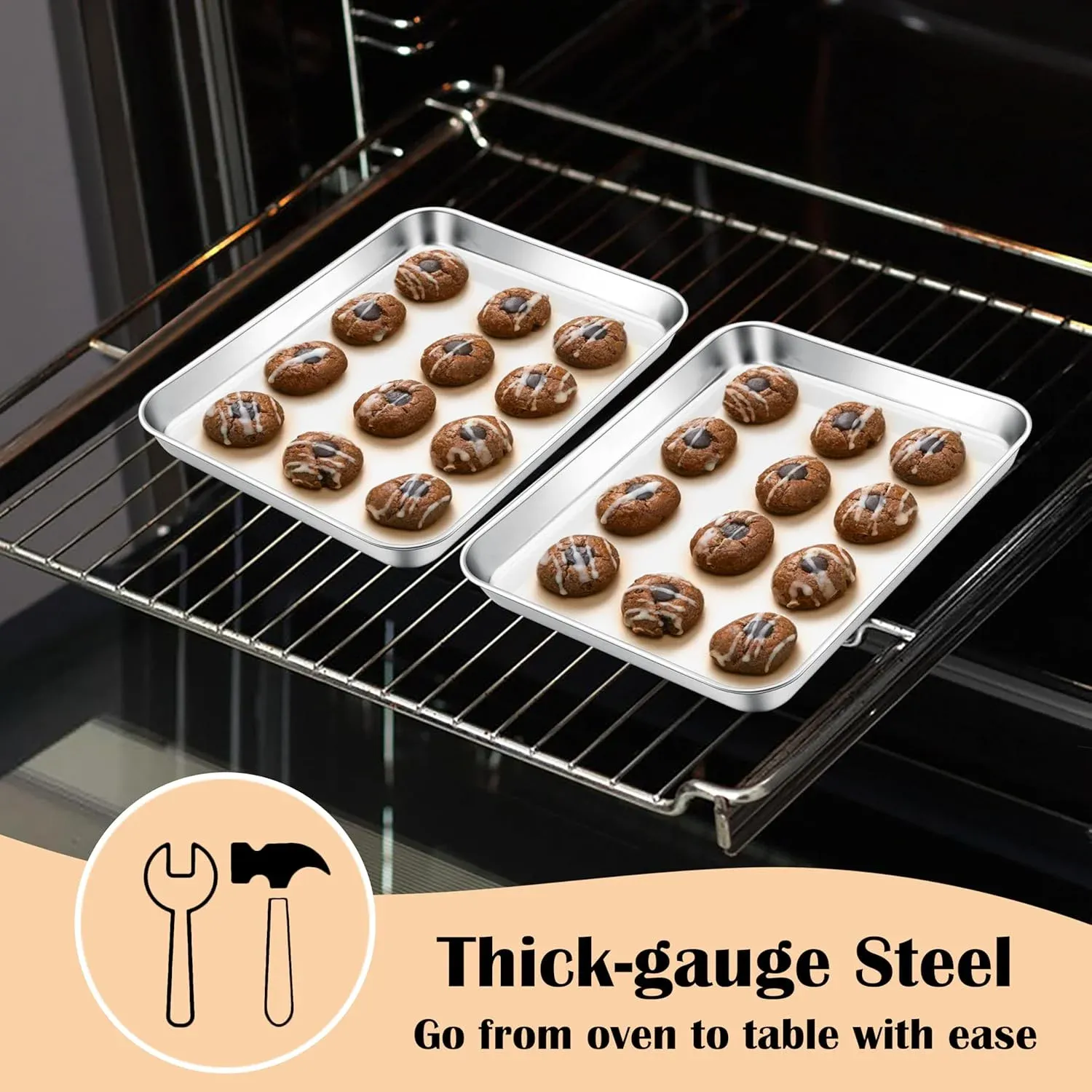 Stainless Steel Toaster Oven Trays, 2 Pack Small Non Toxic Baking Cookie Sheets for Cake Baking, Dishwasher Safe, 9.4"x7.3" Size
