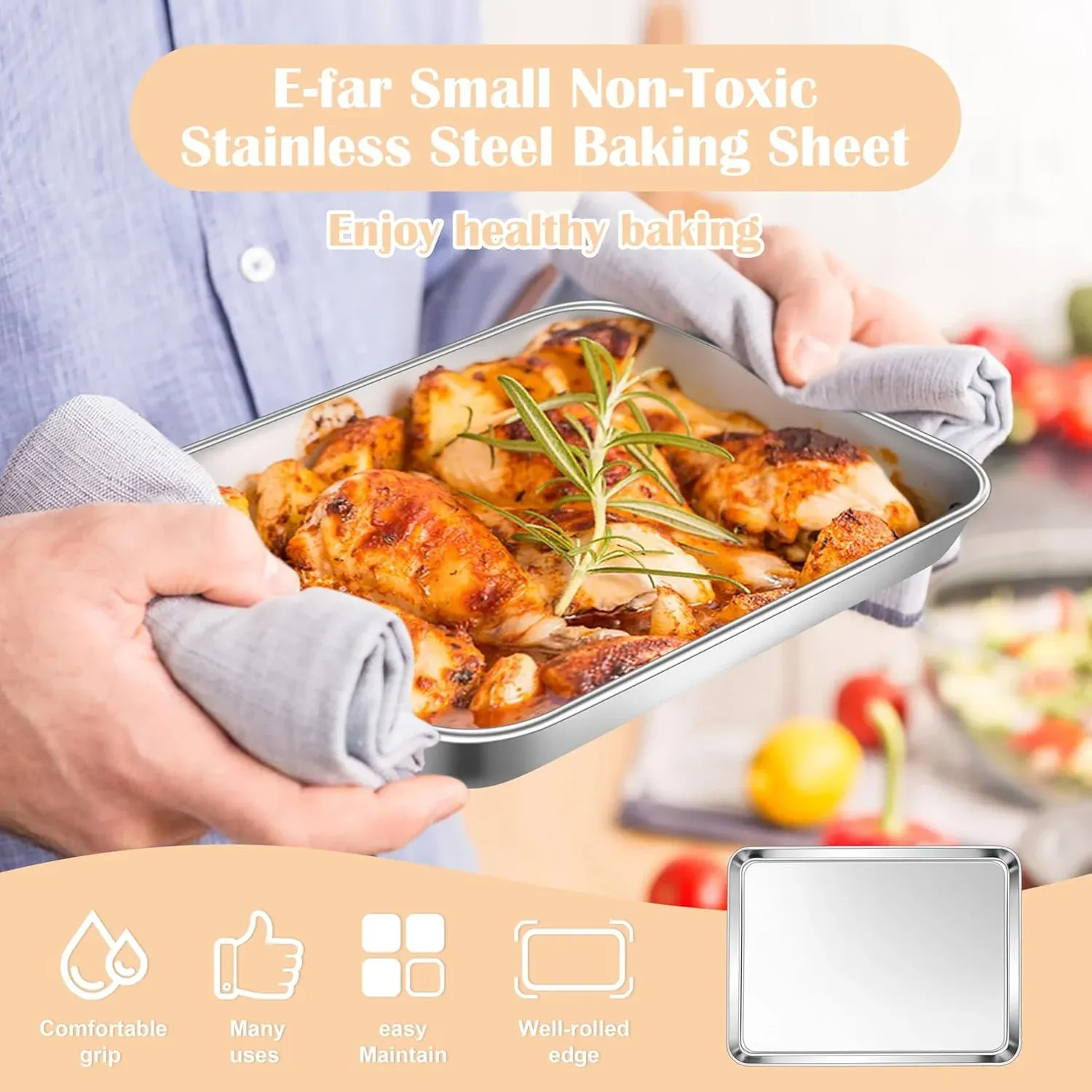 Stainless Steel Toaster Oven Trays, 2 Pack Small Non Toxic Baking Cookie Sheets for Cake Baking, Dishwasher Safe, 9.4"x7.3" Size