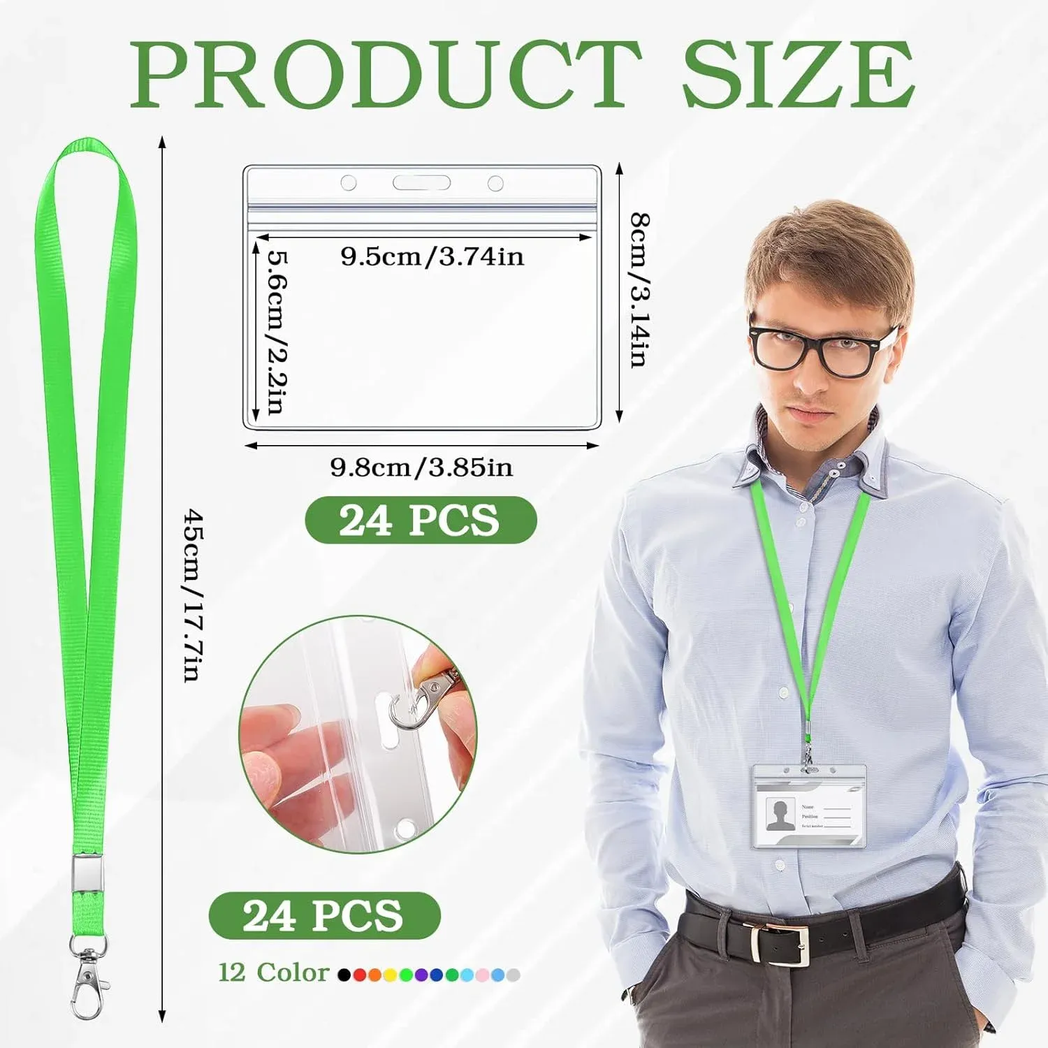 24 Pcs Name Tag Lanyards with Horizontal ID Holders, Waterproof Badge Holders and Swivel Hooks for School Office Team Workers, Multicolor